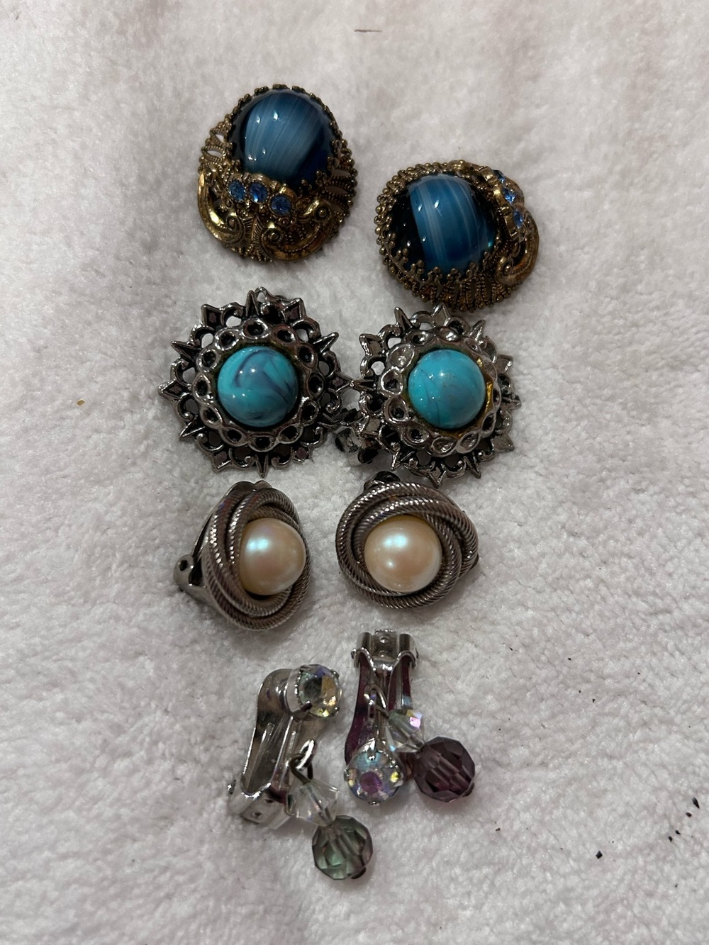 Lot of Assorted Women's Clip-On Earrings Set - Blue, Turquoise, Pearl, Crystal
